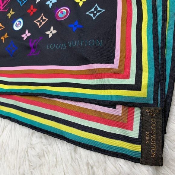 Louis Vuitton Eye Love You Black Multicolore Vintage Murakami rare LV LE Scarf - Picture 4 of 8